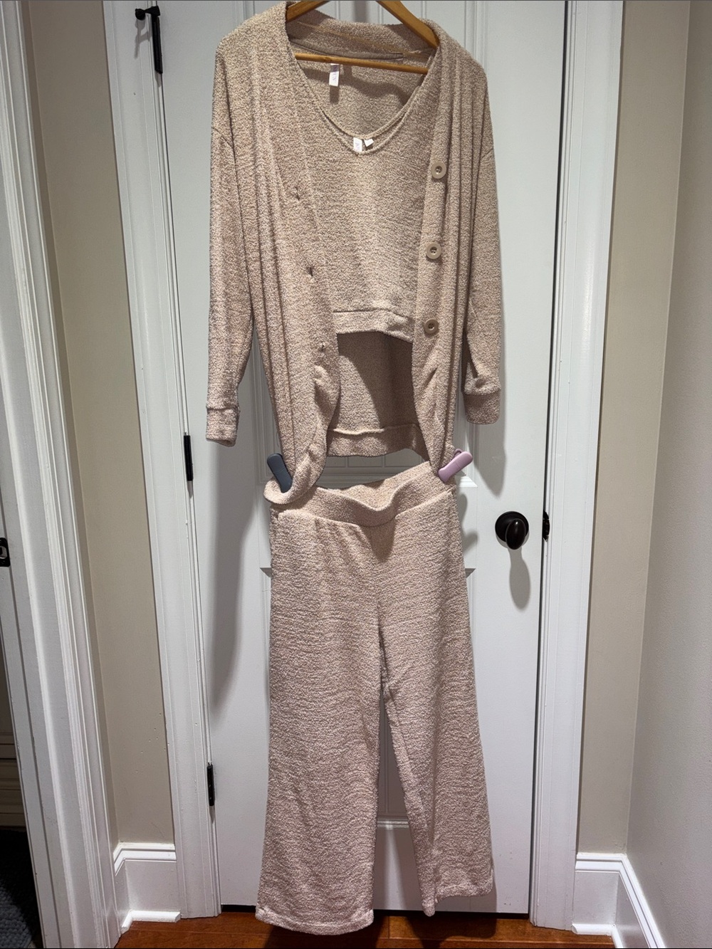 Cozy Beige Women's Lounge Pajama Set - Cardigan, Tank & Pants